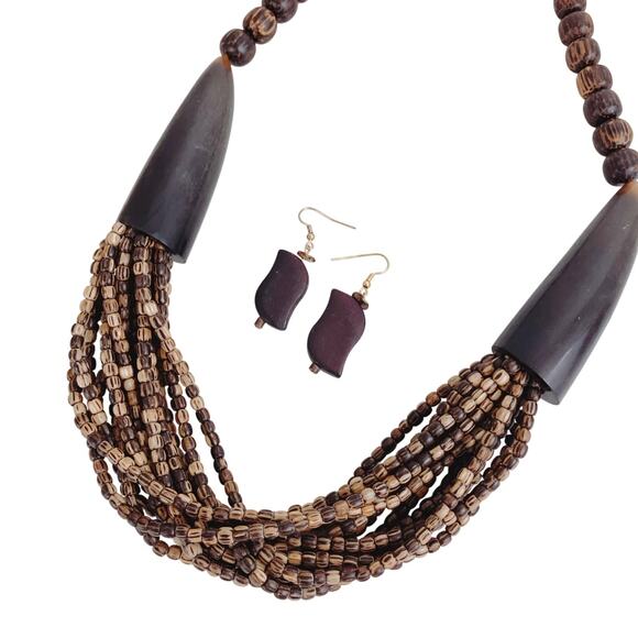 Tribal Wood Bead Bib Necklace & Earrings Set, Faux Horn, Boho - Picture 1 of 10